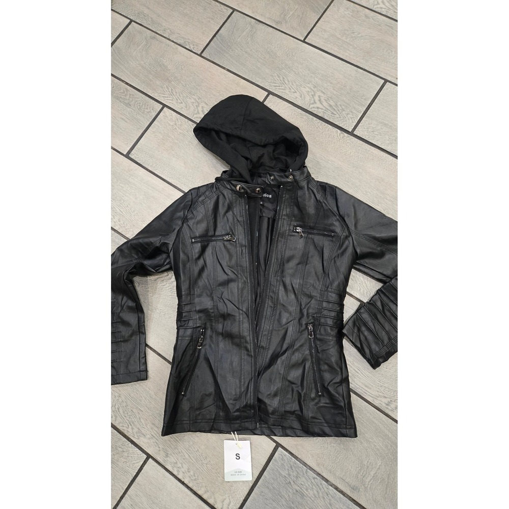 Fashion Black Faux Leather Moto Jacket with Removable Hood YD-0118 Size S NWT